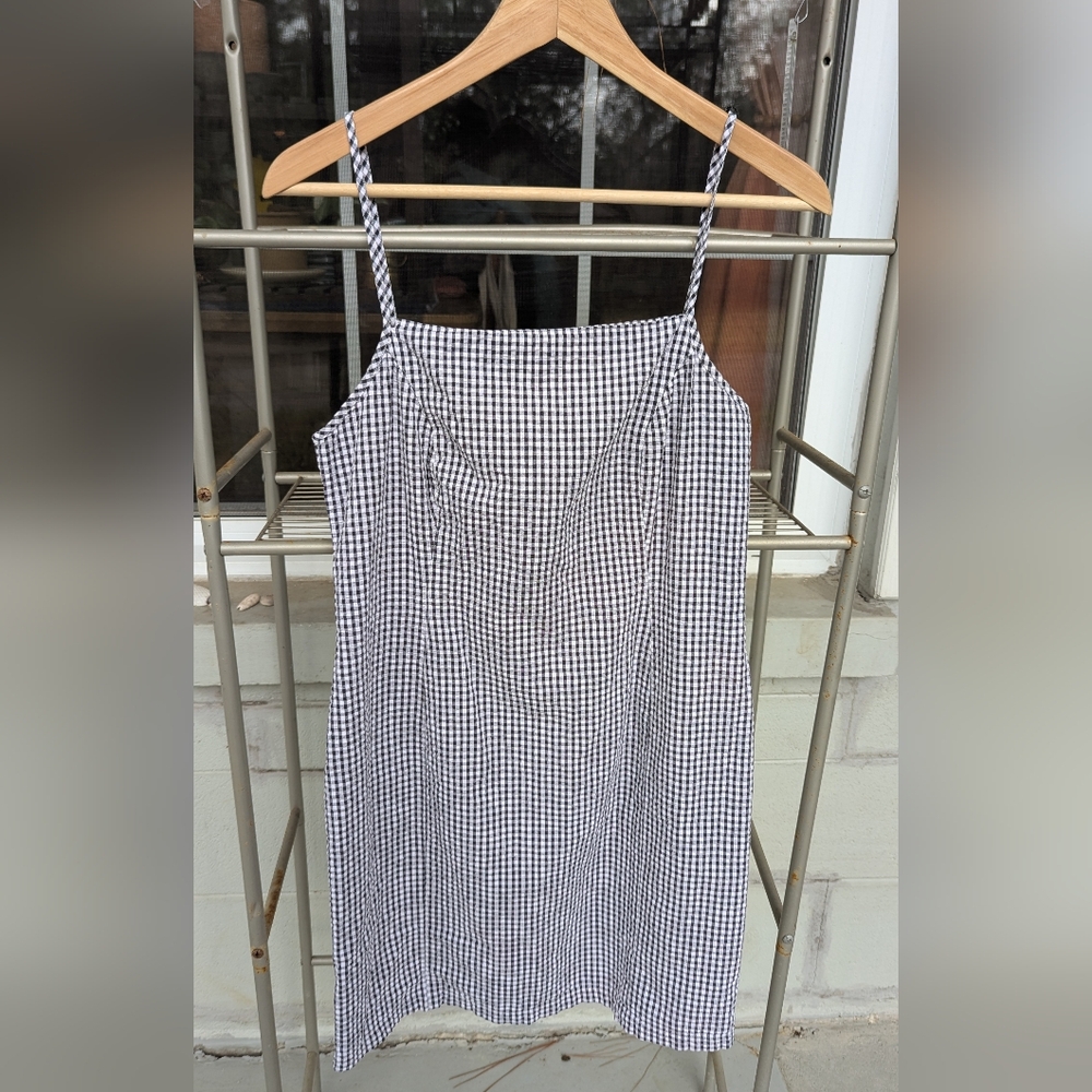 Vintage J Crew Gingham Mini Dress Square Neck Size 8 Black And White Cotton